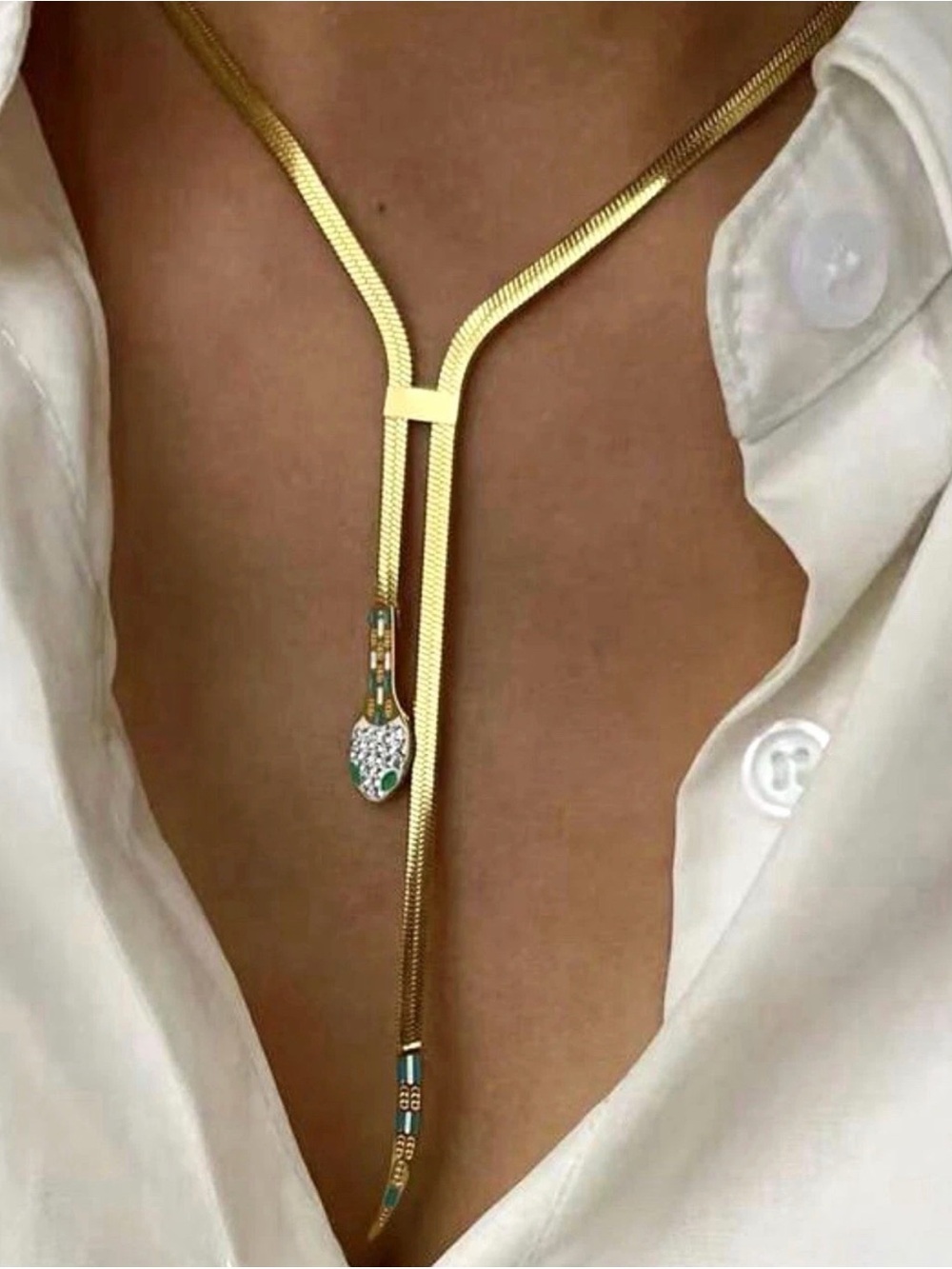 Gold Snake Lariat Necklace with Green Enamel and Crystal Accents